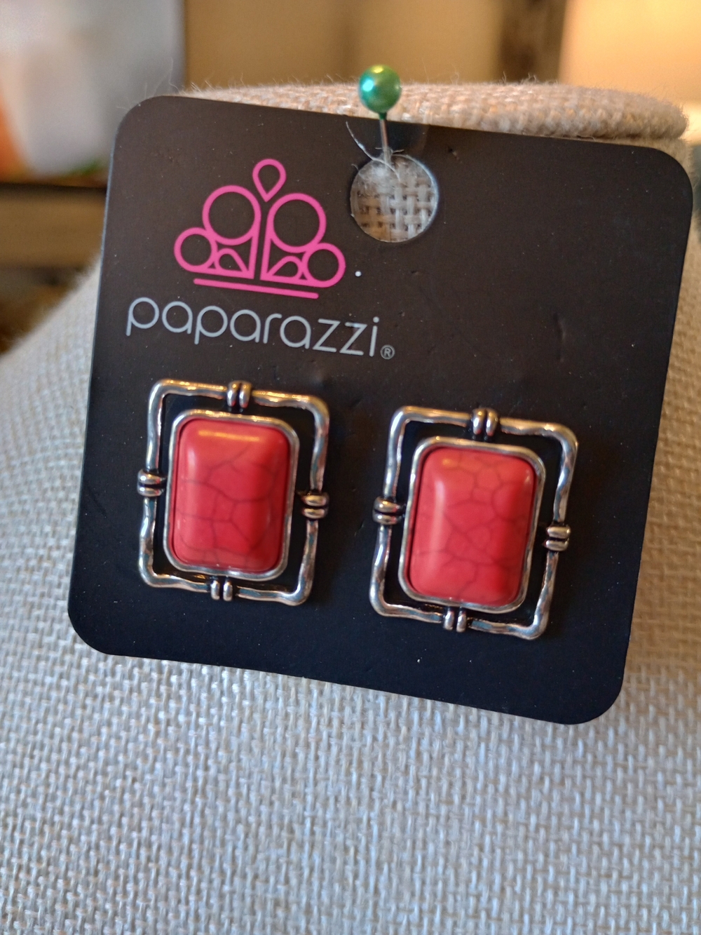 Paparazzi Red Rectangular Stone Frame Earrings